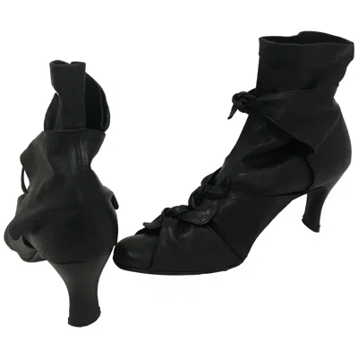 Pre-owned Romeo Gigli Black Leather Booties With Bow Wraps, Size 36.5