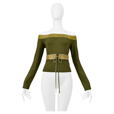 Pre-owned Romeo Gigli Olive Green Long Sleeve Beaded Top With Belt