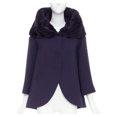 Pre-owned Romeo Gigli Rare  Joyce Pruple Virgin Wool Plush Fur Collar Swing Coat It38 Xs In Black