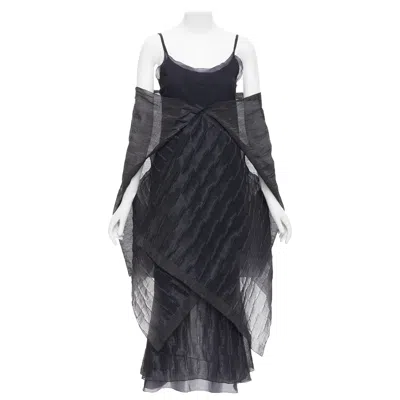 Pre-owned Romeo Gigli Rare  Vintage Black Wool Blend Crinkled Dress Sheer Shawl It42 M