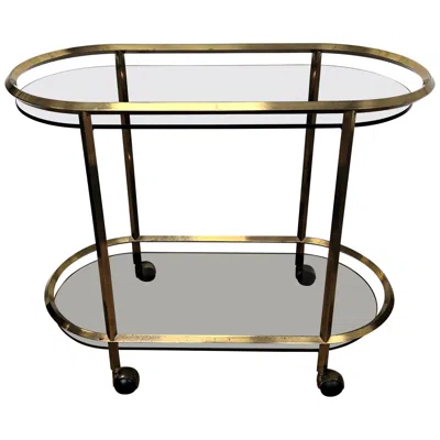 Pre-owned Romeo Rega 1960s Italian Two-tier Brass And Glass Bar Cart With Dark Glass Top In Gray
