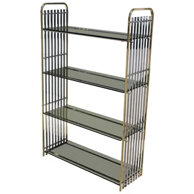 Pre-owned Romeo Rega 1970s Italian Shelf In Brass And Chrome Minimalist Glass Shelves In Gray