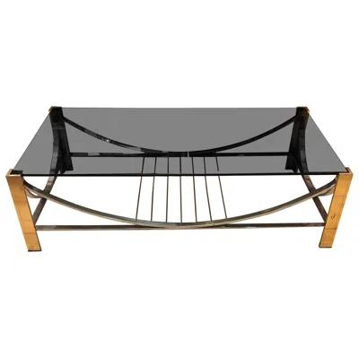 Pre-owned Romeo Rega 1970s Mid-century Modern Brass, Steel And Smoked Glass Italian Coffee Table In Gray