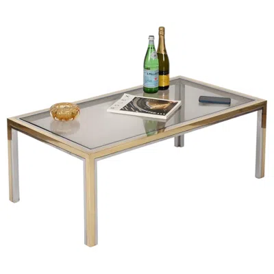 Pre-owned Romeo Rega Brass, Chrome And Smoked Glass Rectangular Coffee Table, Italy 1970s In Brown