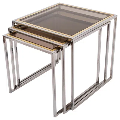 Pre-owned Romeo Rega Chrome And Brass Nesting Italian Coffee Tables With Smoked Glass Top, 1970s In Gray