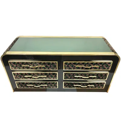 Pre-owned Romeo Rega Dresser In Floral Velvet, Brass And Glass Italy, Mid-century Modern In Brown