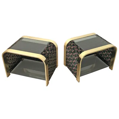 Pre-owned Romeo Rega Floral Bedside End Table In Brass, Velvet And Glass, Attributed To  In Black