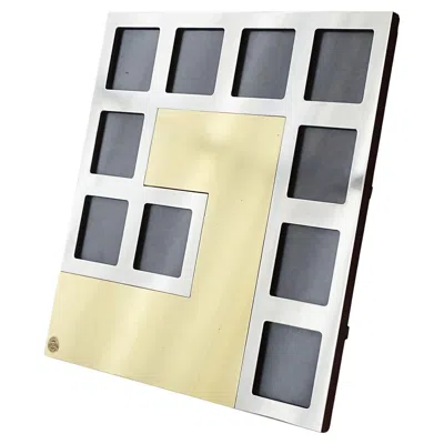 Pre-owned Romeo Rega Italian 1970s Multi Windows Picture Frame In Brass, Chrome And Leather In Sand