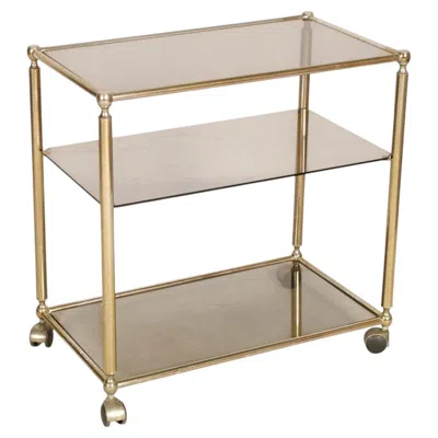 Pre-owned Romeo Rega Italian Brass And Smoked Glass Three-tier Bar Cart, 1970s In Sand