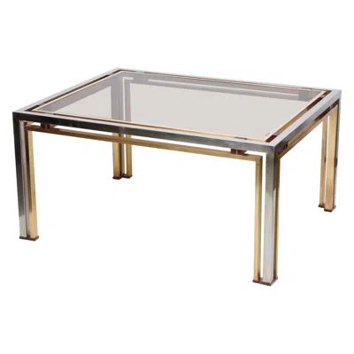 Pre-owned Romeo Rega Italian Coffee Table In Brass And Chrome Smoked Glass Lucite 1970s In Sand