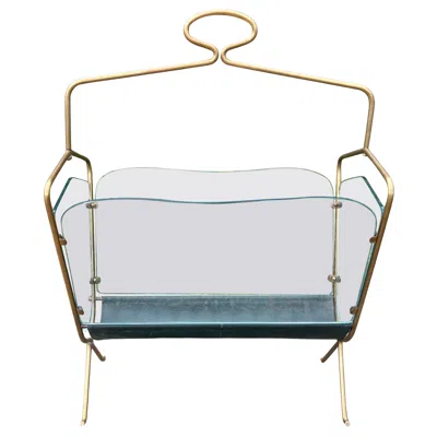Pre-owned Romeo Rega Italian Modern Brass And Glass Magazine Holder In Gray