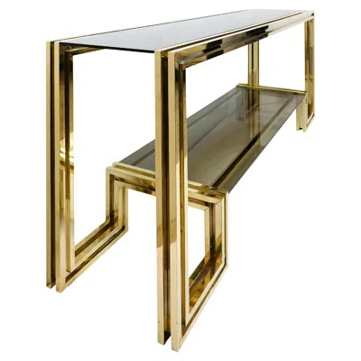 Pre-owned Romeo Rega Italian Rare Mid-century Brass, Chrome And Glass Console Table By  In Brown