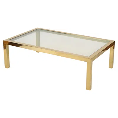 Pre-owned Romeo Rega Large Gilt Brass And Crystal Rectangular Italian Coffee Table, , 1970s In Beige