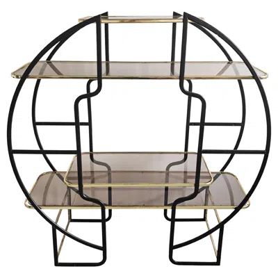 Pre-owned Romeo Rega Large Hollywood Regency Round Room Divider Shelf In Black Metal And Brass