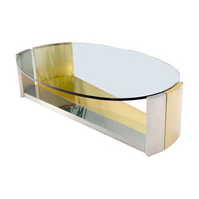 Pre-owned Romeo Rega Large Oval Glass Top Brushed Stainless & Brass Base Coffee Table Nice In Sand
