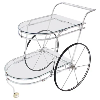 Pre-owned Romeo Rega Large Wheel Design Chrome And Glass Tea Bar Cart In Gray