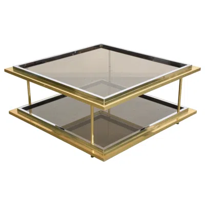 Pre-owned Romeo Rega Midcentury Brass, Chrome And Glass Italian Coffee Table After , 1970 In Brown