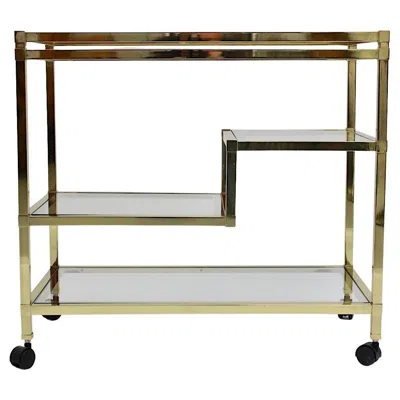 Pre-owned Romeo Rega Modernist Geometric Vintage Bar Cart Golden Metal Glass 1970s Italy In Sand