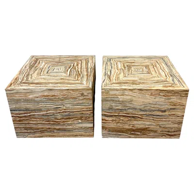 Pre-owned Romeo Rega Pair Italian Specimen Travertino Oniciato Cube Side Tables, Style Of  In Brown