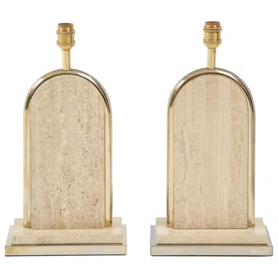 Pre-owned Romeo Rega Pair Of Belgian Beige Travertine And Gilt Metal Table Lamps, Belgium 1970's In Brown