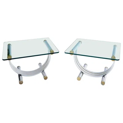Pre-owned Romeo Rega Pair Of Chrome & Brass U Shape Bases Glass Top End Side Occasional Tables In Gray