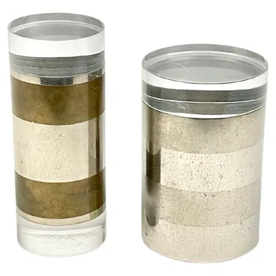 Pre-owned Romeo Rega Pair Of Cylindrical Box In Chrome, Brass And Lucite By , Italy 1970s In Sand