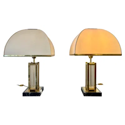 Pre-owned Romeo Rega Pair Of Marble, Glass & Brass Table Lamps By , Italy Ca. 1970s In Sand