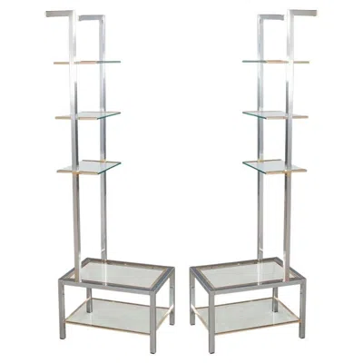 Pre-owned Romeo Rega Pair Of Modern Stainless Steel And Brass Bookshelf Stands Italy, 1970's In Gray