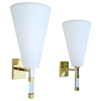 Pre-owned Romeo Rega Pair Of  Lucite & Brass Sconces French Mid-century Modern Cone Shades In Transparent