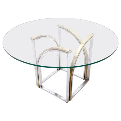Pre-owned Romeo Rega Postmodern Round Brass And Steel Dining Table By  With Glass Top In Gray