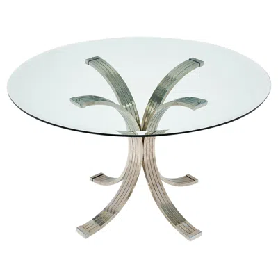 Pre-owned Romeo Rega Round Dining Table, Glass Top, Brass & Chrome Base, Italy In Gray