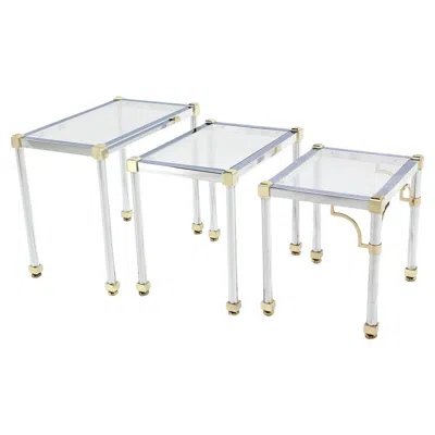 Pre-owned Romeo Rega Set Of 3 Chrome And Brass Metal Glass Top Nesting Side End Occasional Tables In Gray