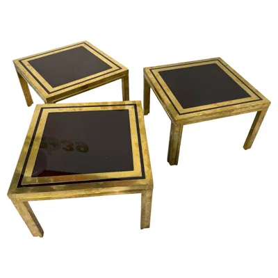 Pre-owned Romeo Rega Set Of Three  Brass And Smoked Glass Coffee Tables, Italy, 1970s In Black