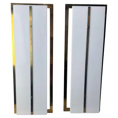 Pre-owned Romeo Rega Style Pair Of Large Italian Brass And Opaline Plexiglass Wall Sconces In Transparent