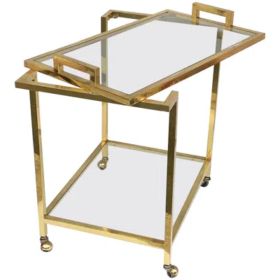 Pre-owned Romeo Rega Style Trolley With Service Tray, Gilded Brass And Glass, Italy, 1980s In Gray
