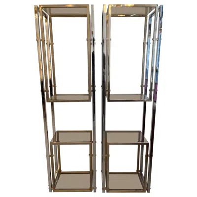 Pre-owned Romeo Rega Vintage Pair Of Brass, Chrome & Glass Shelves, Italy, Ca. 1970s In Gray