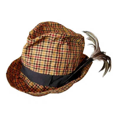 Romer Millinery Women's Black / Gold / Red Morphy Moldable Deep Cuff Trilby In Mustard Plaid With Feather Clip In Multi