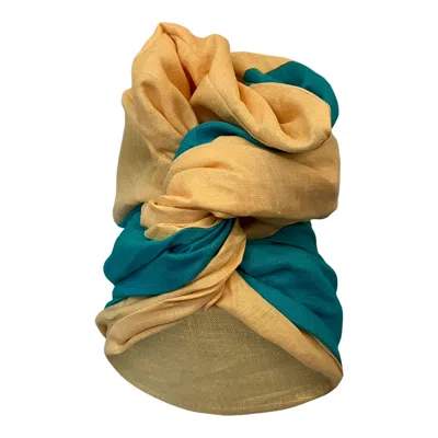 Romer Millinery Women's Blue / Yellow / Orange Twisturban Turban In Two Shades Of Linen Turquoise & Melon