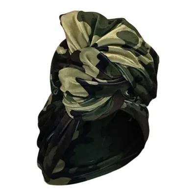 Romer Millinery Women's Green Twisturban Turban In Camo Print Stretch Velvet