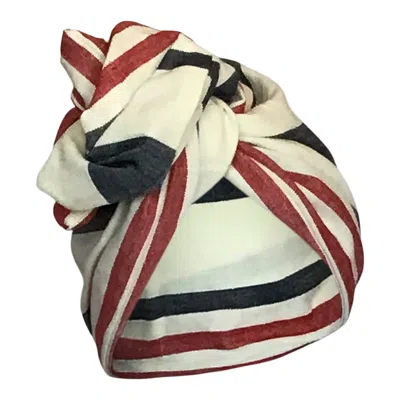 Romer Millinery Women's White Twisturban Turban In Cotton Caftan Fabric  Ivory, Red & Blue