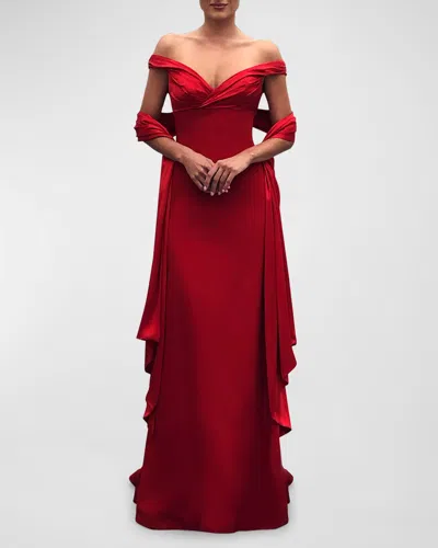 Romona Keveza Draped Empire-waist Off-the-shoulder Shawl Gown In Red