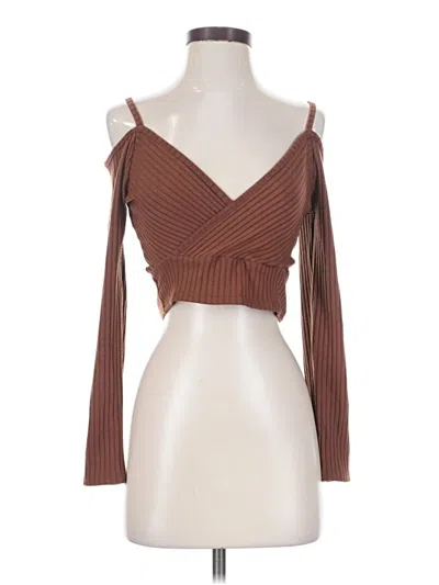 Pre-owned Romwe Long Sleeve Top Brown Cold Shoulder Neckline Tops
