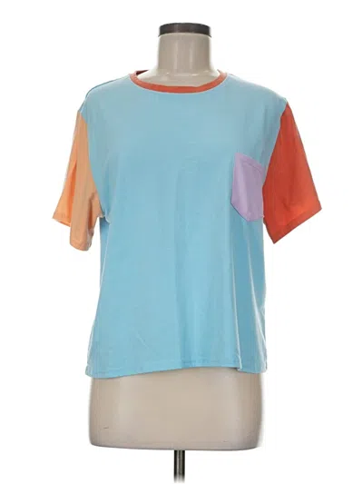 Pre-owned Romwe Short Sleeve Top Teal Color Block Pattern Crew Neck Tops
