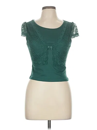 Pre-owned Romwe Short Sleeve Top Teal Sweetheart Neckline Tops In Blue