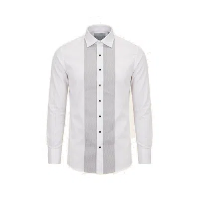 Ron Tomson Men's Lurex Paneled Spread Collar Shirt - White Grey