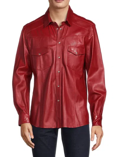 Ron Tomson Men's Snap Button Leather Shacket In Red