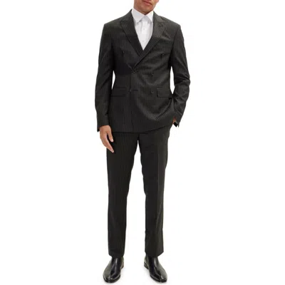 Ron Tomson Pinstripe Merino Wool Double Breasted Tuxedo In Black