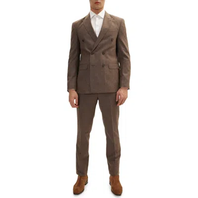 Ron Tomson Pinstripe Merino Wool Double Breasted Tuxedo In Brown