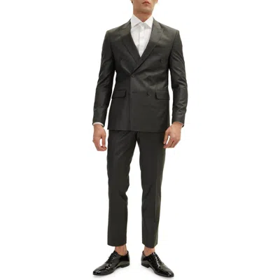 Ron Tomson Pinstripe Merino Wool Double Breasted Tuxedo In Charcoal