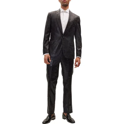 Ron Tomson Trim Fit Faux Leather Printed Suit